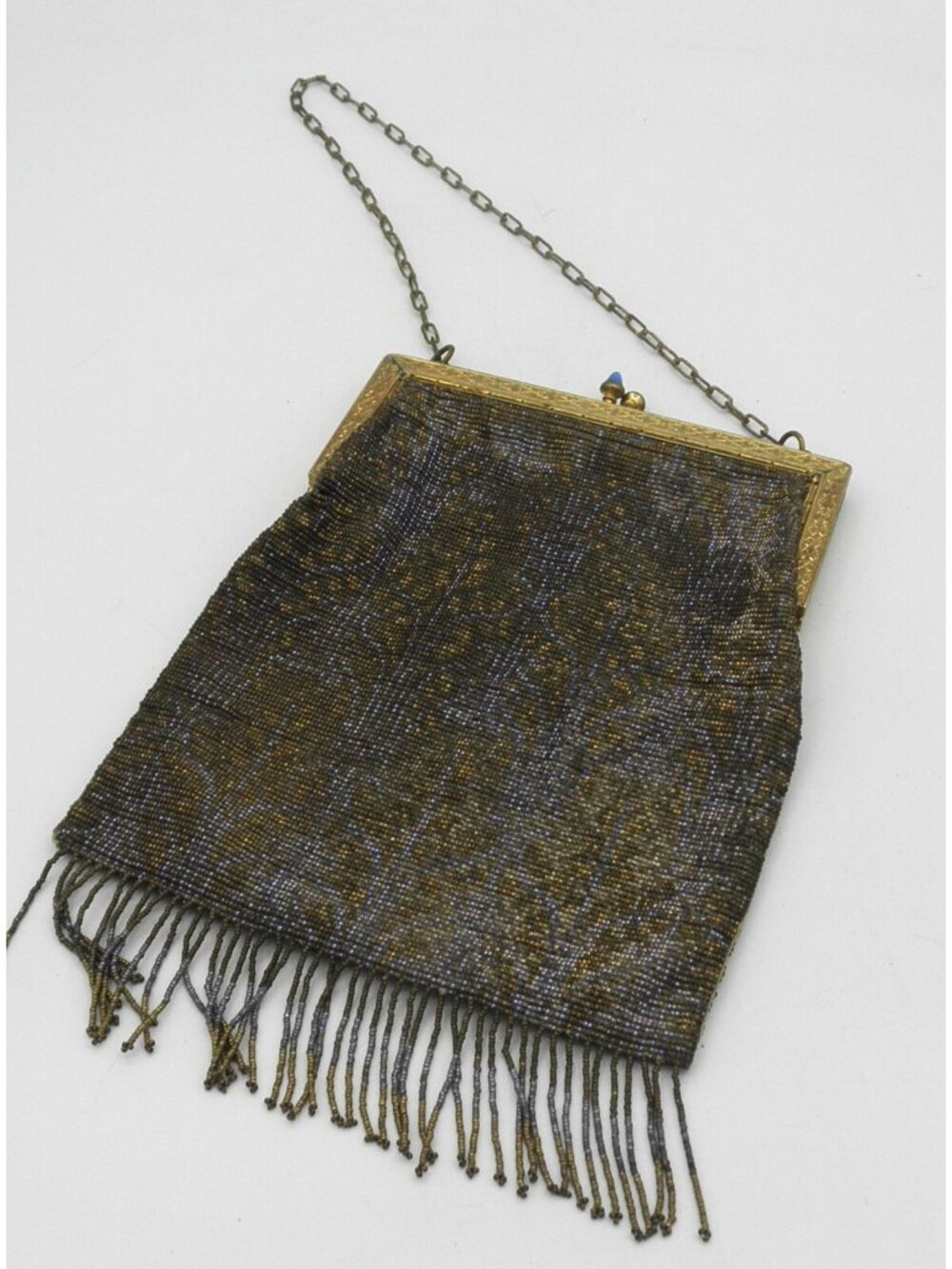 Vintage Antique Micro Beaded Purse Art Deco Evening Bag Gold Blue with Fringe - Picture 14 of 14
